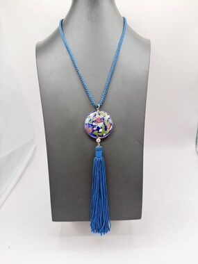 Vintage 80s Blue Cloisonné Dragon Pendant Necklace with Tassel